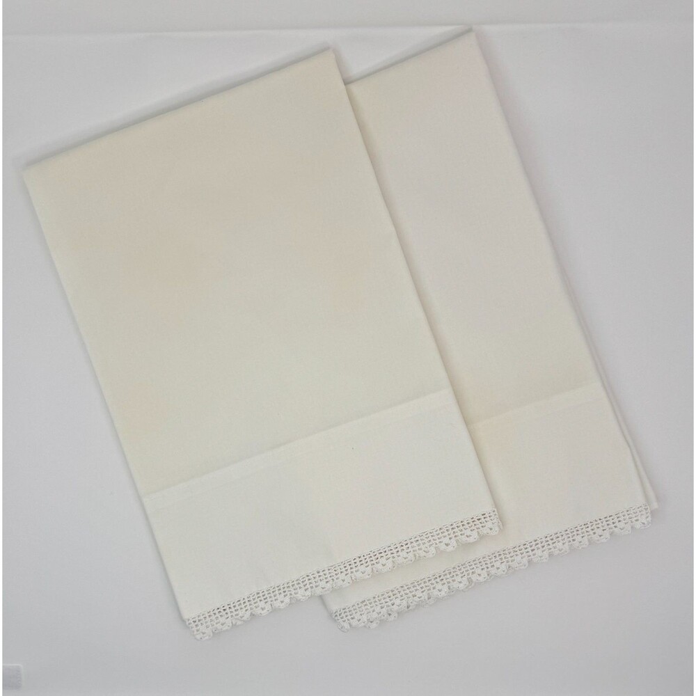 Vintage Off White Pillowcases Pair Crochet Lace Trim Standard Farmhouse Cottage
